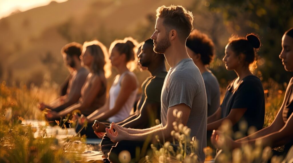 Grupo de pessoas meditando ao ar livre em uma prática de saúde integrativa.